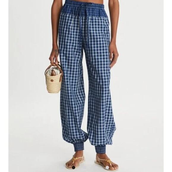 Tory Burch Pants - Tory Burch Pants 12 Picnic Plaid Silk Check Jogger Blue Gingham Indie Balloon